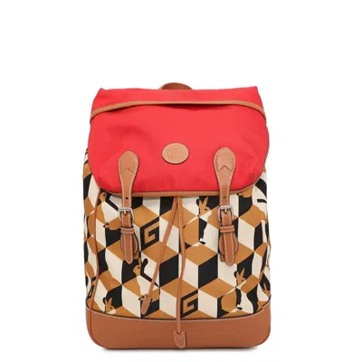 Pre-owned Gucci Brown Red Color Nylon Leather Backpack () In Multi