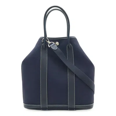 Pre-owned Hermes Navy Toile Officier Leather Shoulder Bag Tote Bag () In Blue