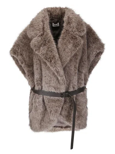 P.a.r.o.s.h Adjustable Belted Synthetic Fur Gilet With Notched Collar In Brown