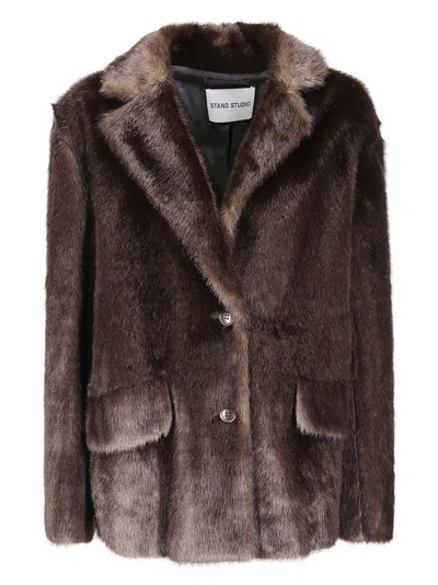 Stand Studio Sleek Modern Evyn Jacket With Subtle Sheen In Brown
