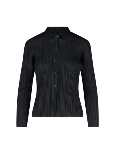 Pleats Please Classic Black Shirt With Structured Collar And Pleated Design In Black