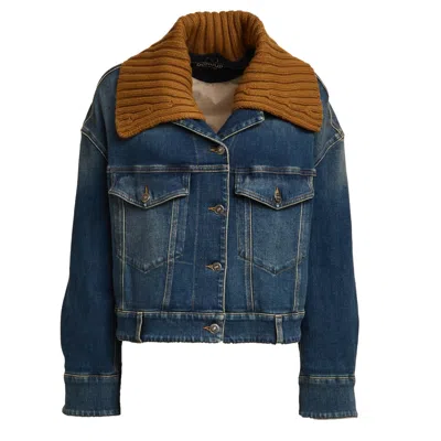 Dondup Denim Jacket With Rust-colored Knit Collar In Blue