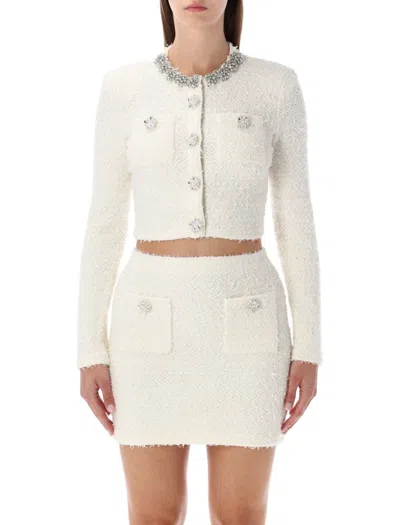 Self-portrait White Crewneck Cropped Cardigan With Crystal Embellishments On The Collar In Cotton Blend Woman In Multi