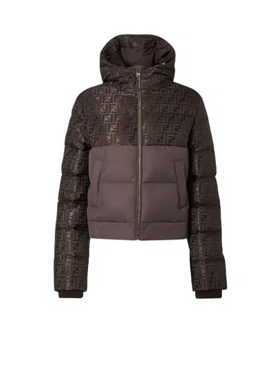 Fendi Women Brown Down Jacket With Drawstring Hood And Ff Motif In Tech Fabric Woman In Brown