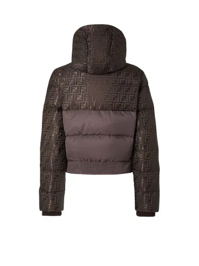 Fendi Women Brown Down Jacket With Drawstring Hood And Ff Motif In Tech Fabric Woman In Brown