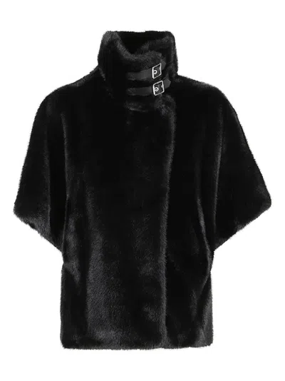 Pinko Fur-effect Cape With Wrap-around Collar And Welt Pockets In Black