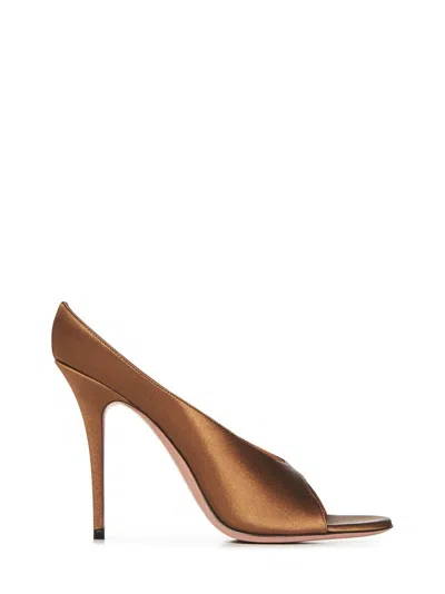 Amina Muaddi Mocha Satin Stiletto Sandals With Open Toe In Multi