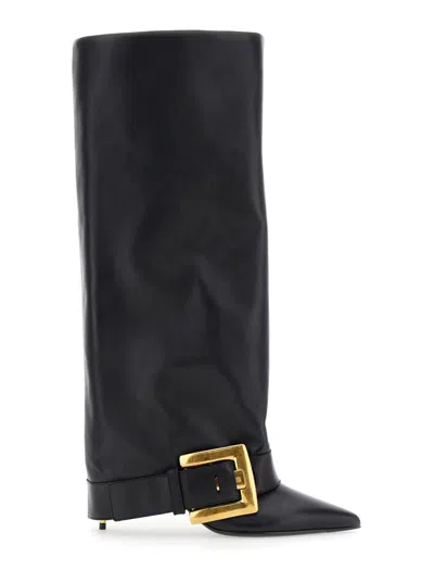 Balmain Anthem Black Slip-on Boots With Decorative Metal Buckle In Leather Woman In Black