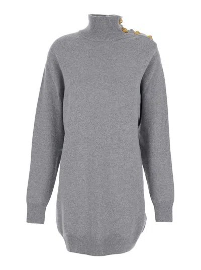 Balmain Grey Dress With High Neck And Metallic Logo Buttons In Cashmere Woman In Gray