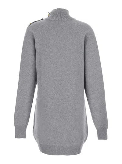 Balmain Grey Dress With High Neck And Metallic Logo Buttons In Cashmere Woman In Gray