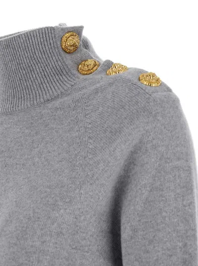 Balmain Grey Dress With High Neck And Metallic Logo Buttons In Cashmere Woman In Gray