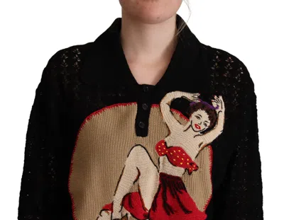 Dolce & Gabbana Black Embroidered Knitted Cotton Sweater In Animal Print