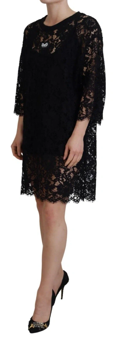 Dolce & Gabbana Black Floral Lace Cotton Shift Mini Dress In Black