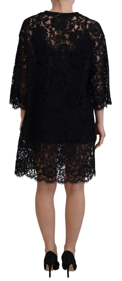 Dolce & Gabbana Black Floral Lace Cotton Shift Mini Dress In Black