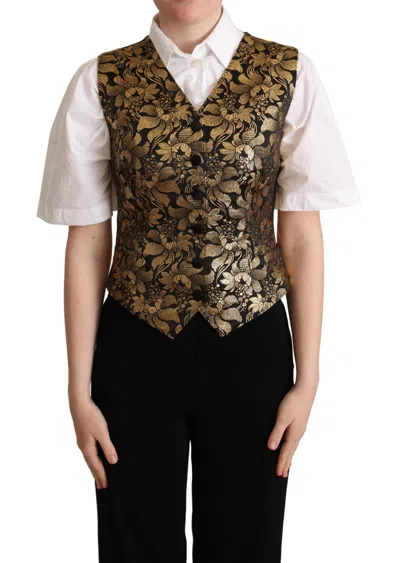 Dolce & Gabbana Black Gold Jacquard Silk Waistcoat Vest In Black