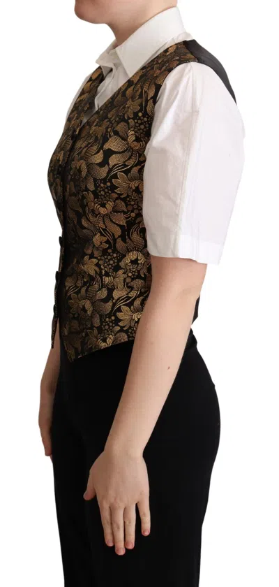 Dolce & Gabbana Black Gold Jacquard Silk Waistcoat Vest In Black