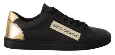 Dolce & Gabbana Black Gold Leather Low Top Sneakers Womens Shoes In Multi