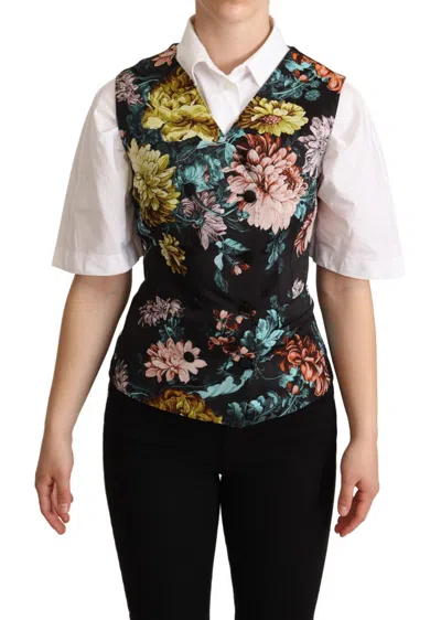 Dolce & Gabbana Black Jacquard Floral Waistcoat Vest In Multi