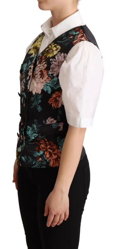 Dolce & Gabbana Black Jacquard Floral Waistcoat Vest In Multi