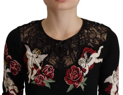 Dolce & Gabbana Black Lace Angel Roses Cardigan Sweater In Multi