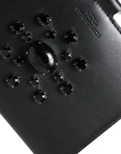 Dolce & Gabbana Black Leather Crystal Embellished Card Holder Women's Wallet In Black