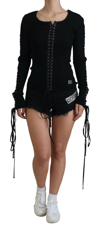 Dolce & Gabbana Black Wool Knitted Tie Up Slim Fit Women's Sweater In Black