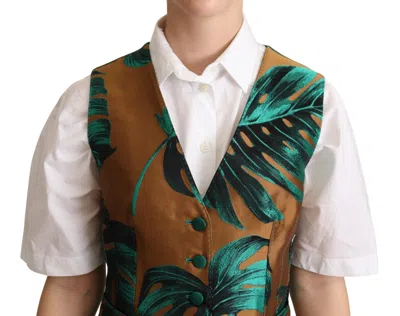 Dolce & Gabbana Elegant Green Leaf Print Waistcoat In Brown