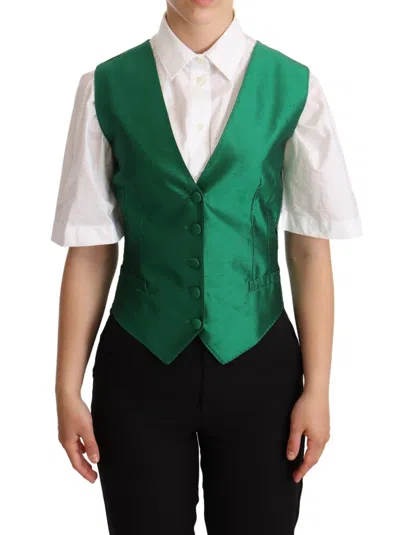 Dolce & Gabbana Green Silk Satin Sleeveless Waistcoat Vest In Green