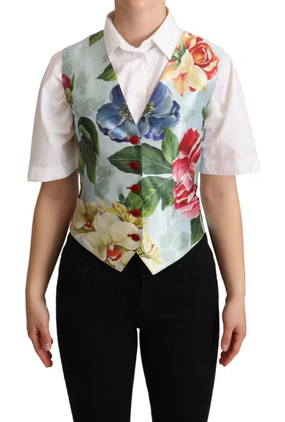 Dolce & Gabbana Mint Green Floral Silk Waistcoat Vest In Multi