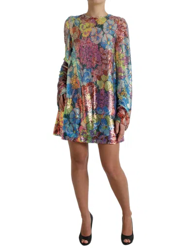 Dolce & Gabbana Multicolor Floral Sequined Shift Mini Women's Dress In Multi