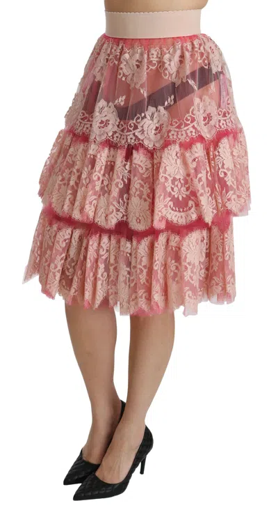 Dolce & Gabbana Pink Lace Layered High Waist Knee Length Women's Skirt In Pink