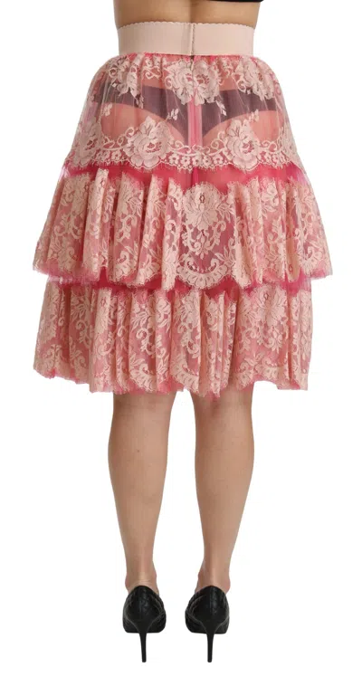 Dolce & Gabbana Pink Lace Layered High Waist Knee Length Women's Skirt In Pink