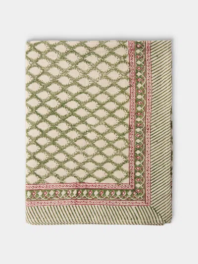 Chamois Cypress Block-printed Linen Rectangular Tablecloth (106in/2.7m) In Multi