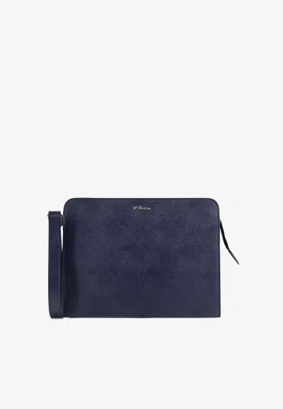 Kiton Ciro Paone Logo Lettering Leather Clutch In Blue