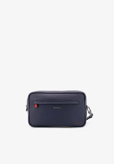 Kiton Ciro Paone Nylon Clutch Bag With Iconic Logo Embroidery In Blue