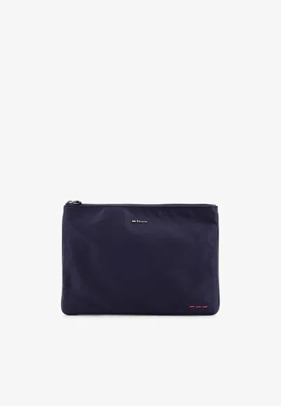 Kiton Ciro Paone Nylon Clutch With Metal Logo In Blue