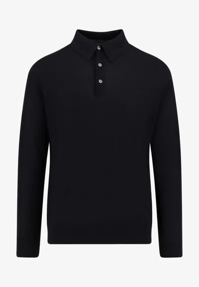 Kiton Ciro Paone Wool Long-sleeved Polo T-shirt In Black