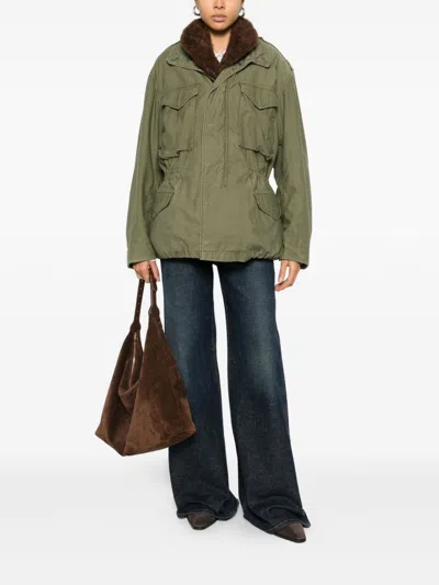 Front Street Long Sleeve Parka With Drawstring And Pockets In Green