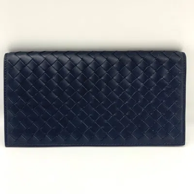Pre-owned Bottega Veneta Intrecciato Navy Leather Bill Wallet (bi-fold) () In Blue