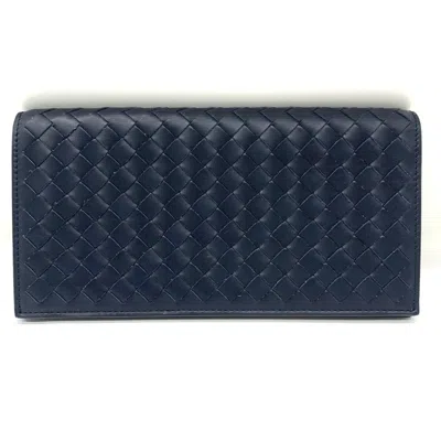 Pre-owned Bottega Veneta Intrecciato Navy Leather Bill Wallet (bi-fold) () In Blue