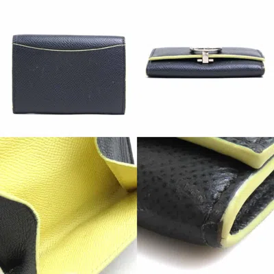 Pre-owned Bvlgari Charcoal Gray Yellow Leather Coin Purse/coin Case ()