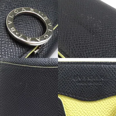 Pre-owned Bvlgari Charcoal Gray Yellow Leather Coin Purse/coin Case ()