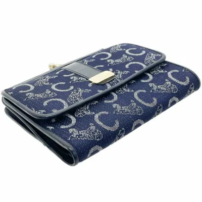 Pre-owned Celine Macadam Navy Canvas Leather Wallet (tri-fold) () In Blue