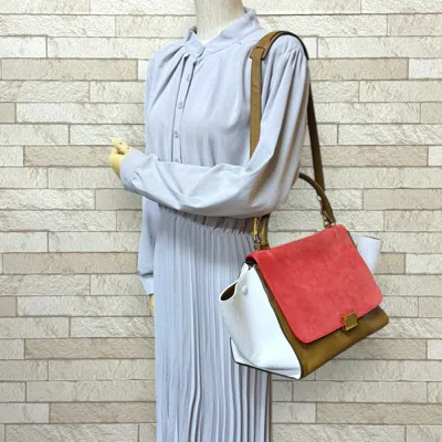 Pre-owned Celine Trapeze Brown Red Color White Leather Suede Shoulder Bag ()