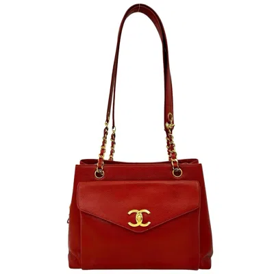 Pre-owned Chanel Red Color Grained Calfskin Shoulder Bag Tote Bag ()
