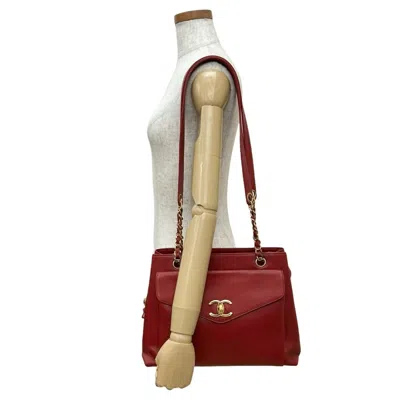 Pre-owned Chanel Red Color Grained Calfskin Shoulder Bag Tote Bag ()