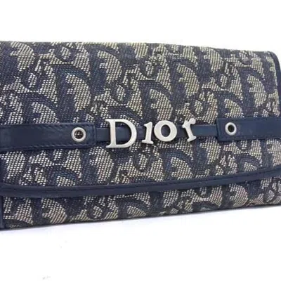 Pre-owned Dior Christian  Navy Canvas Leather Long Wallet (tri-fold) () In Blue