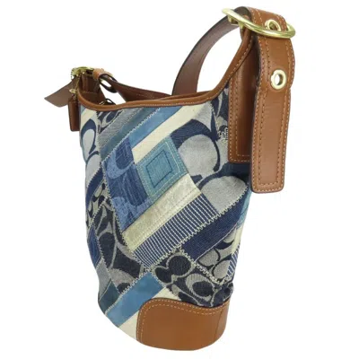 Pre-owned Coach Signature Blue Brown White Denim Suede Leather Shoulder Bag ()