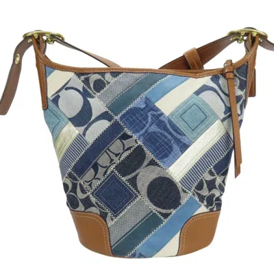 Pre-owned Coach Signature Blue Brown White Denim Suede Leather Shoulder Bag ()