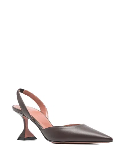 Amina Muaddi Leather Slingback Pumps Sculptural Heel In Brown